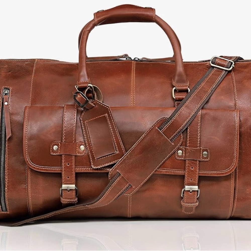 24" Leather Duffel Bag Full Grain Travel Overnight Weekend Leather Bag Brown